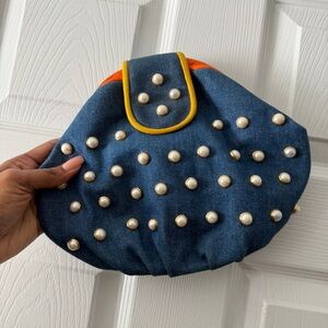 Vintage Denim Pearl-Studded shoulder bag / Clutch